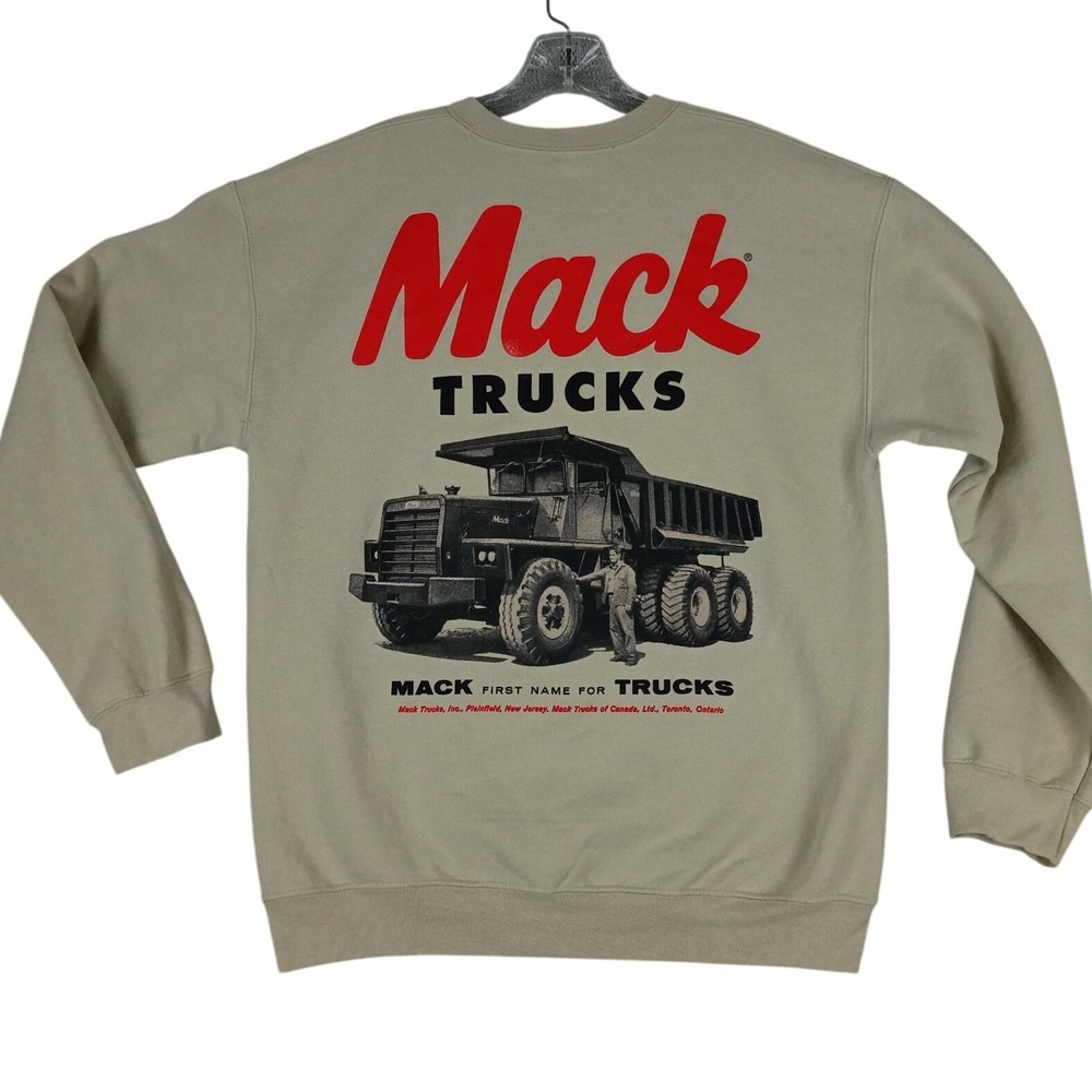 Mack Trucks Sweatshirt Mens M Tan Excellent Graphic Workwear Pullover Crewneck